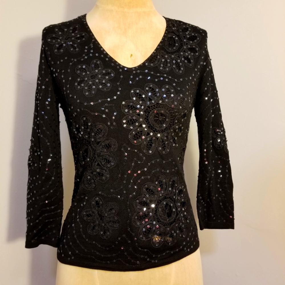 SIGRID OLSEN COLLECTION BLACK SEQUIN KNIT 3/4 SLEEVE TOP SILK PREPPY FALL WINTER